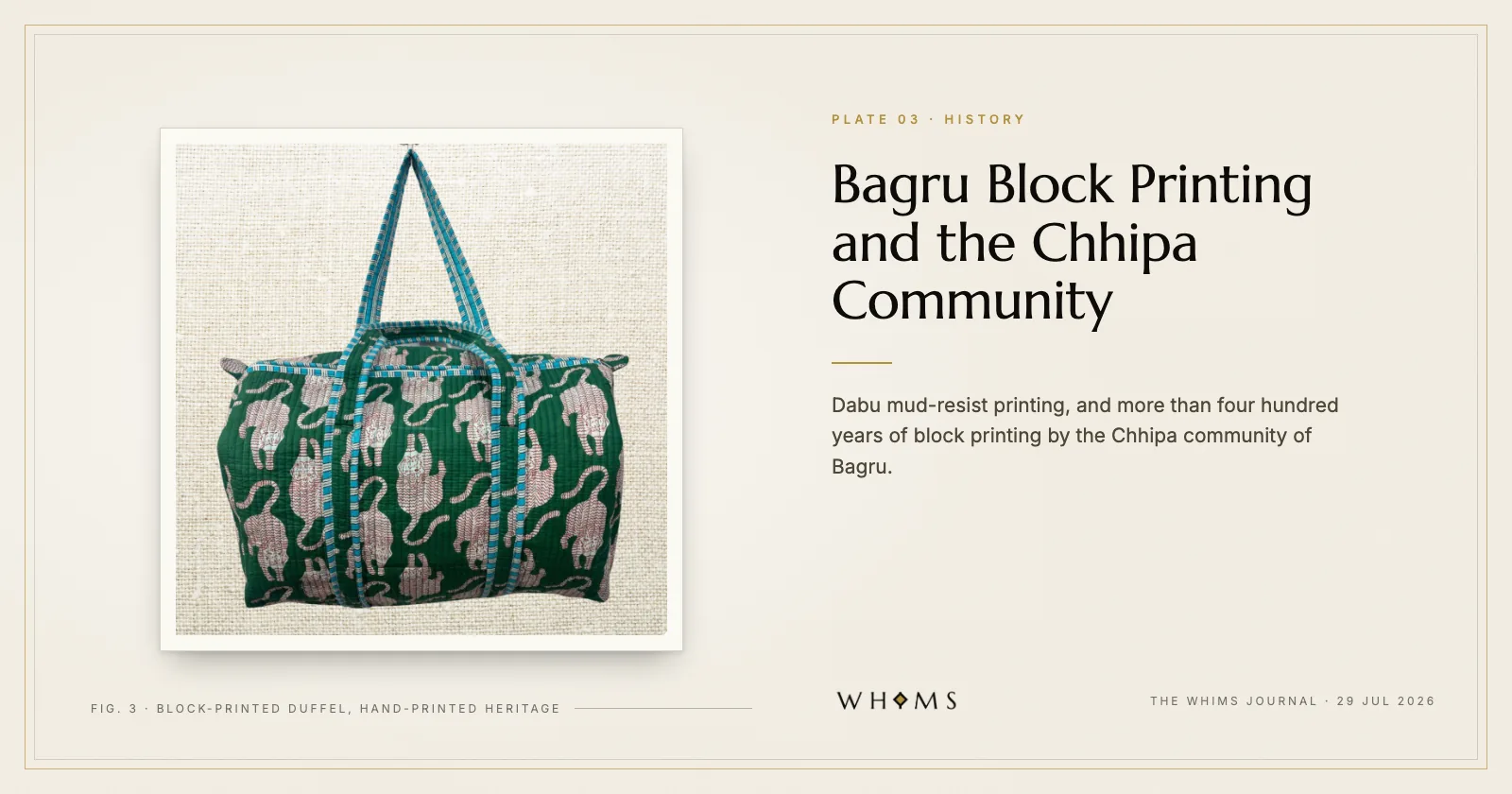 A block-printed quilted duffel from the WHIMS Hand-Printed Heritage collection on an ivory plate, titled Bagru Block Printing and the Chhipa Community