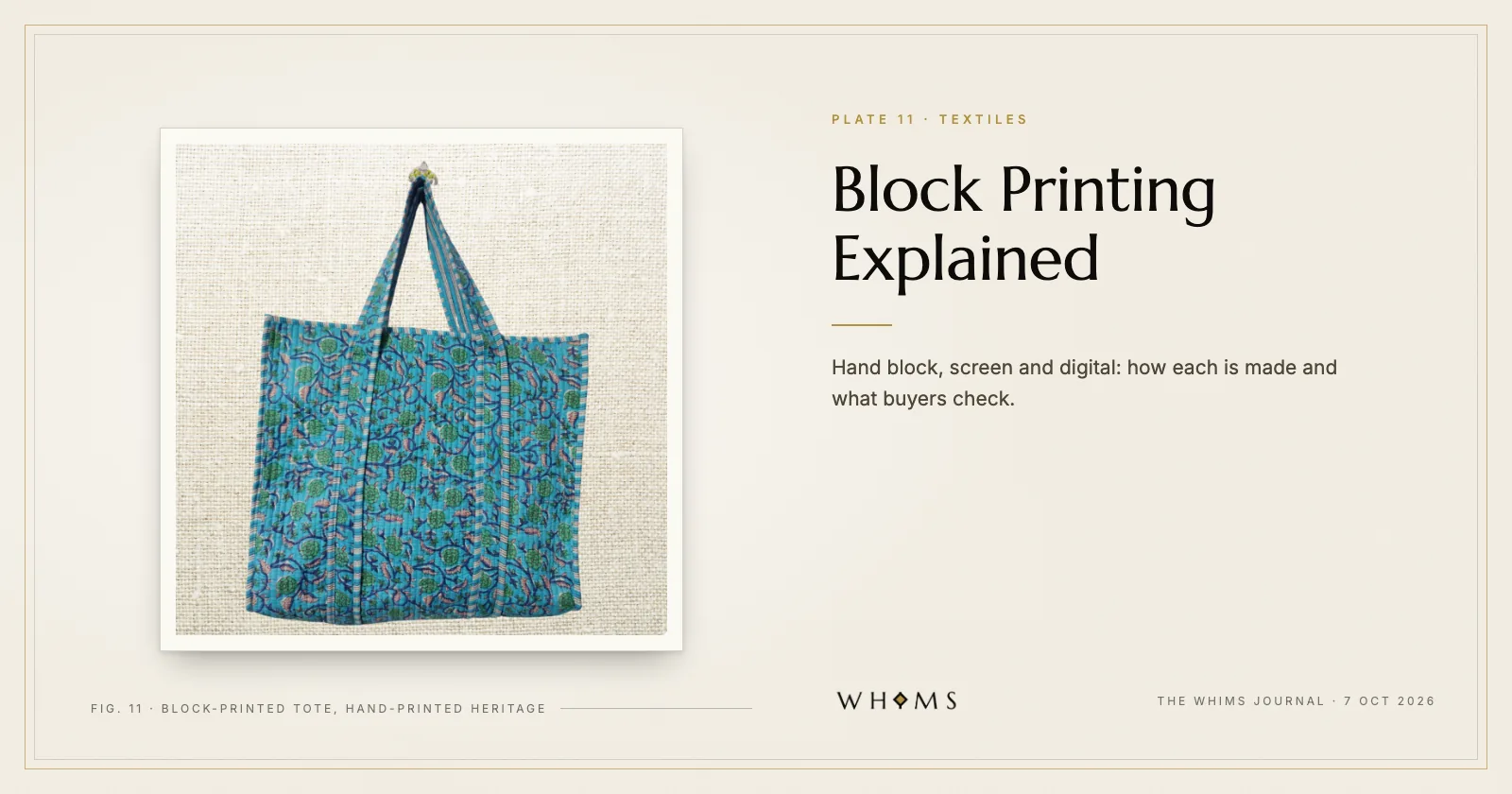 A block-printed cotton tote bag from the WHIMS Hand-Printed Heritage collection in a frame on an ivory plate, titled Block Printing Explained