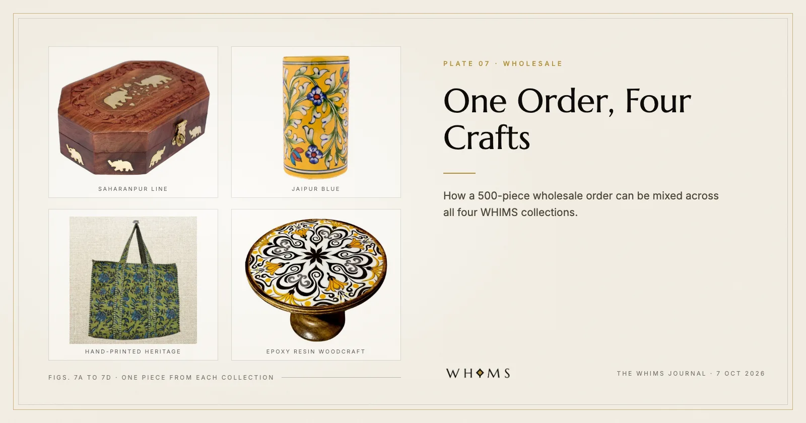 Four WHIMS pieces on an ivory plate, one from each collection: a Saharanpur inlaid wooden box, a Jaipur Blue vase, a block-printed tote and an epoxy resin cake stand, titled One Order, Four Crafts