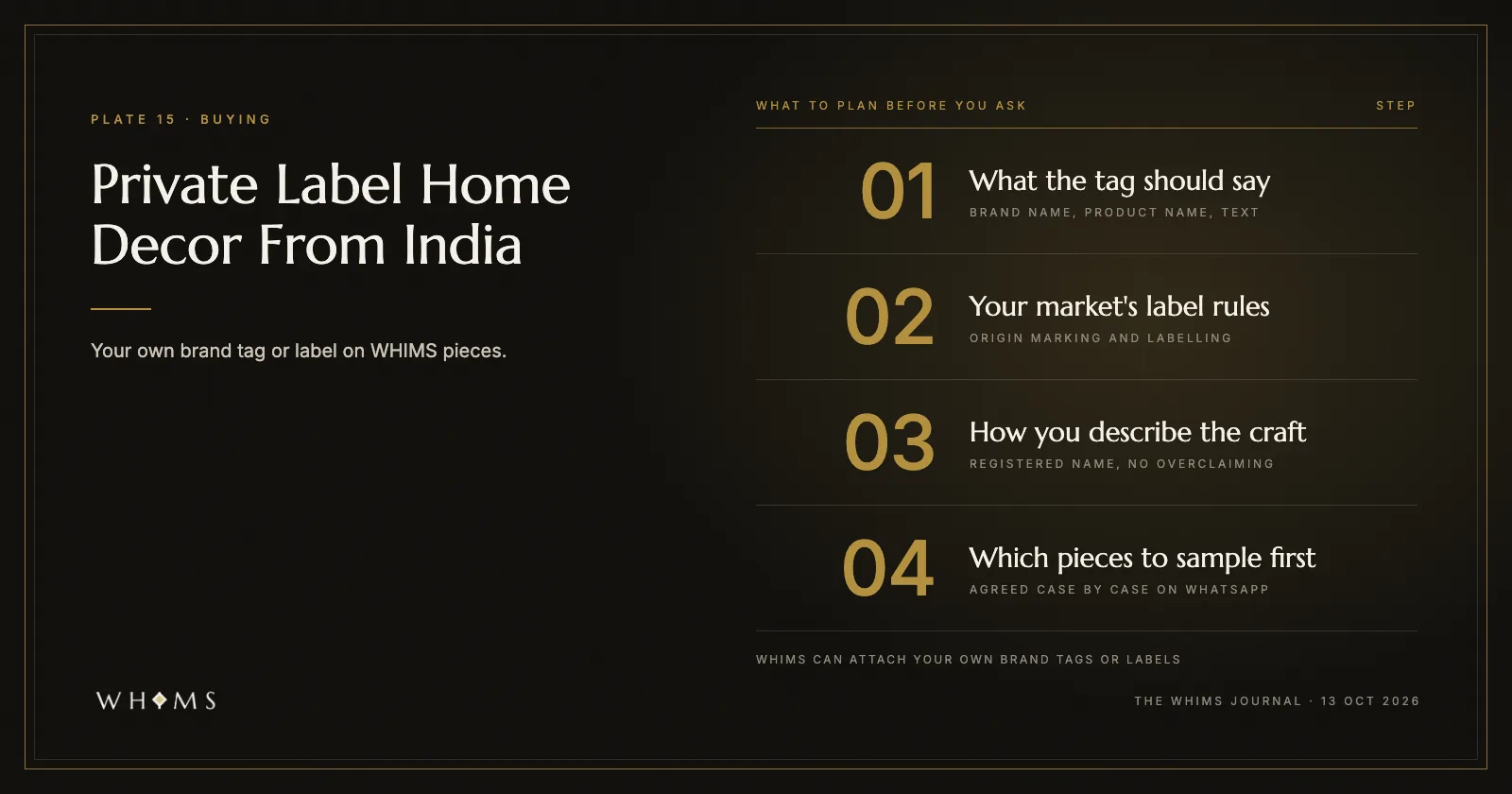 A four-step planning list for private label: what the tag should say, your market's label rules, how you describe the craft, and which pieces to sample first, under the title Private Label Home Decor From India