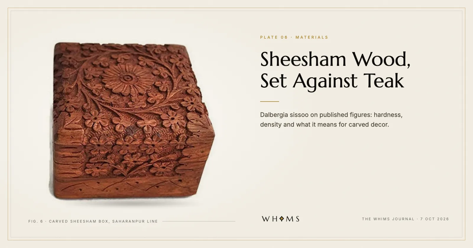 A carved sheesham wood box from the WHIMS Saharanpur Line on an ivory plate, titled Sheesham Wood, Set Against Teak